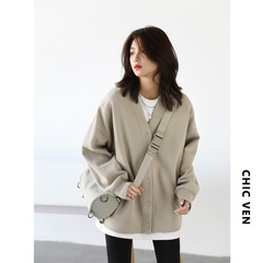 Chicven「無限の移動」カジュアルな百合のゆるいvネックの中の長いカーディガンのコートbf風の重ね着の上着