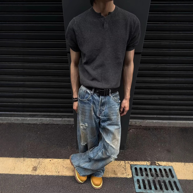 American Henry Collar Knitted Short-Sleeved T-Shirt Men's Summer Old Money Style Waffle Breathable Polo Shirt Light Mature Style Half-Sleeved