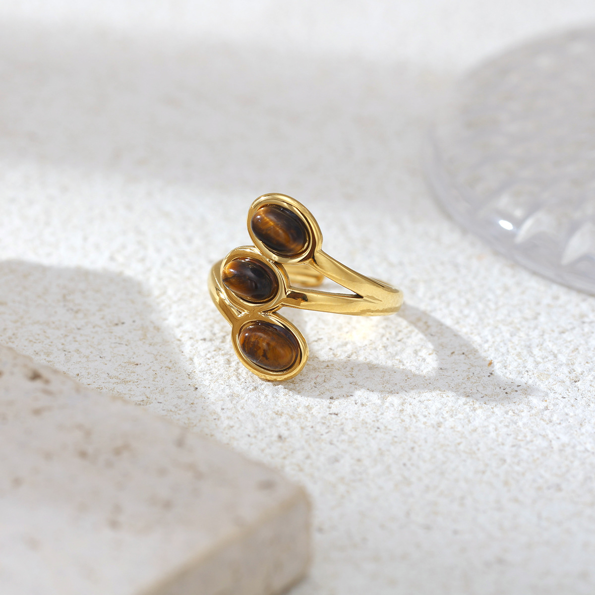 Anillo de acero inoxidable de la mujer no se desvanece, anillo de piedra natural de ojo de tigre, nicho de lujo, venta caliente