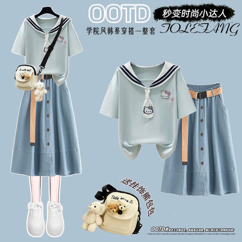 College-Style Navy Collar Dress for Girls and Older Children, Summer Outfit Two-Piece Set, Fashionable Mid-Length Skirt for Middle and High School Students