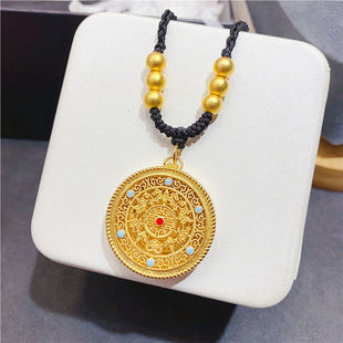 Vietnamese Sand Gold Eight-Treasure Compass Necklace for Men and Women, Ancient Heritage Pendant, Gold-Colored Braided Rope Fortune Card Sweater Chain