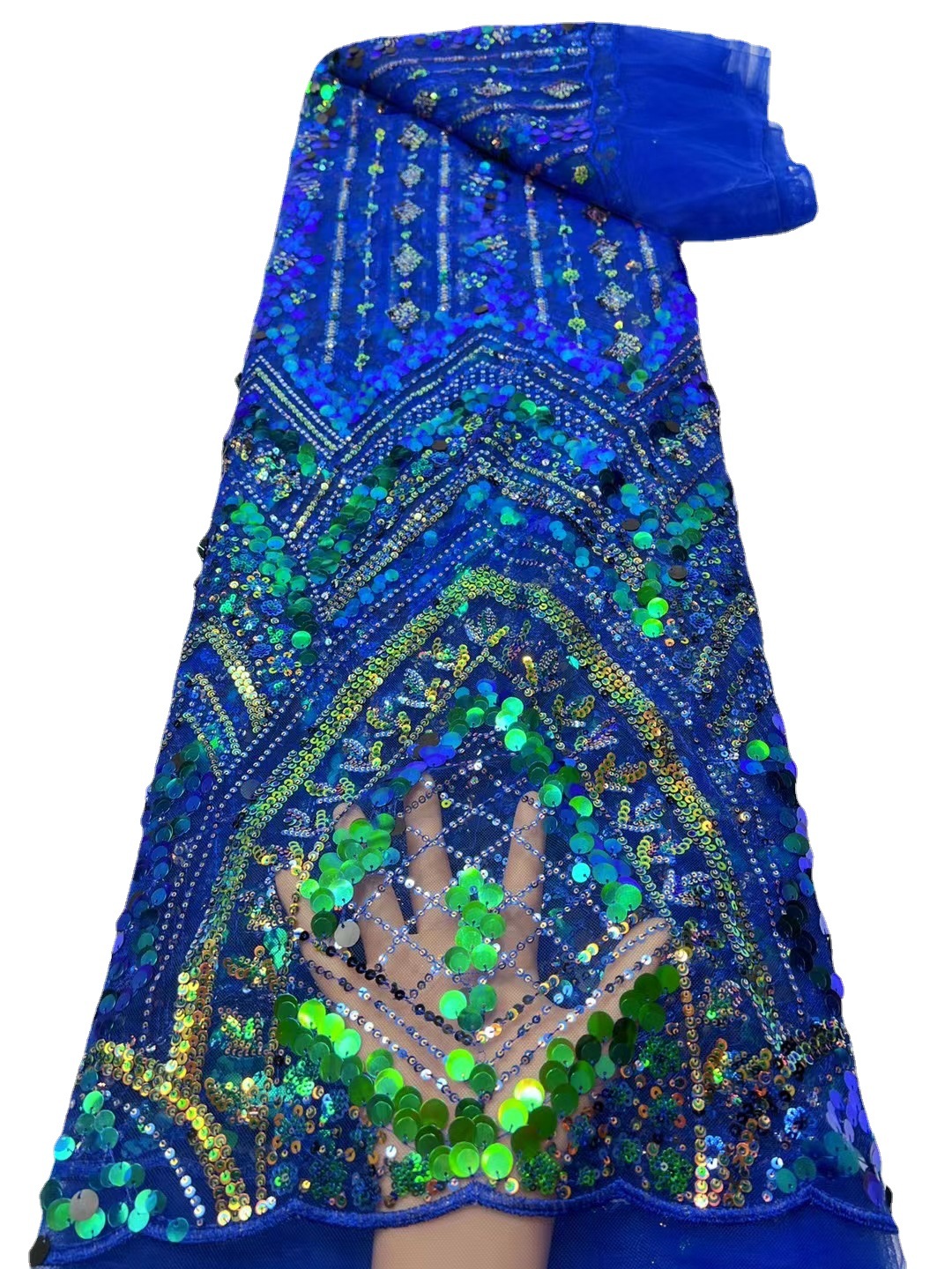 Europa y América colorido lentejuelas máquina bordada azul real encaje vestido de noche vestido de boda teñido encaje tela JX2507
