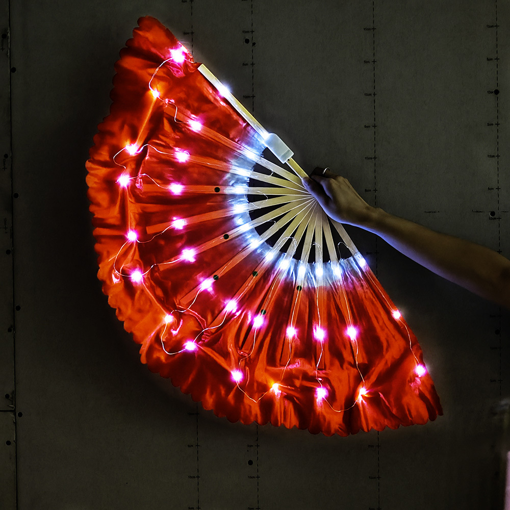 Ventilador de danza luminoso LED tricolor gradiente de seda larga doble cara props de espectáculo de escenario de danza china ventilador luminoso de seda larga