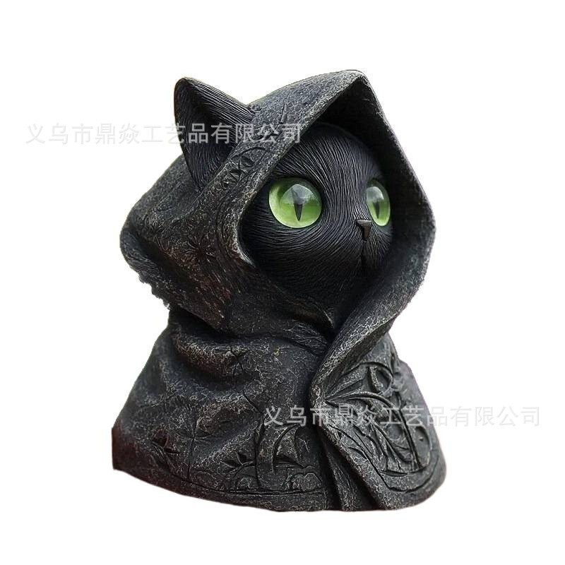 跨境新品Mysterious Hooded Cat Fiqurine身披斗篷哥特式黑猫雕像|undefined