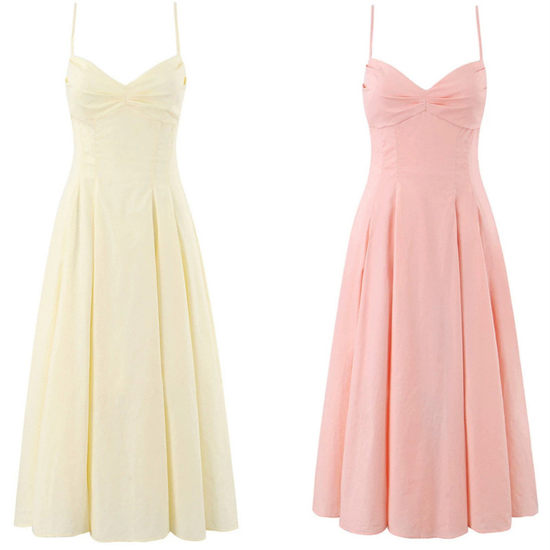 Cross-Border Women's Clothing 2026 Summer New Style Elegant and Stylish Waist-Cinching Pleated Mid-Length Sun Dress with Straps