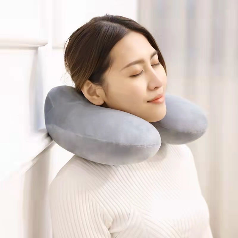 充气U型枕旅行枕记忆棉植绒便携护颈椎枕旅游三宝充气枕保健枕 .