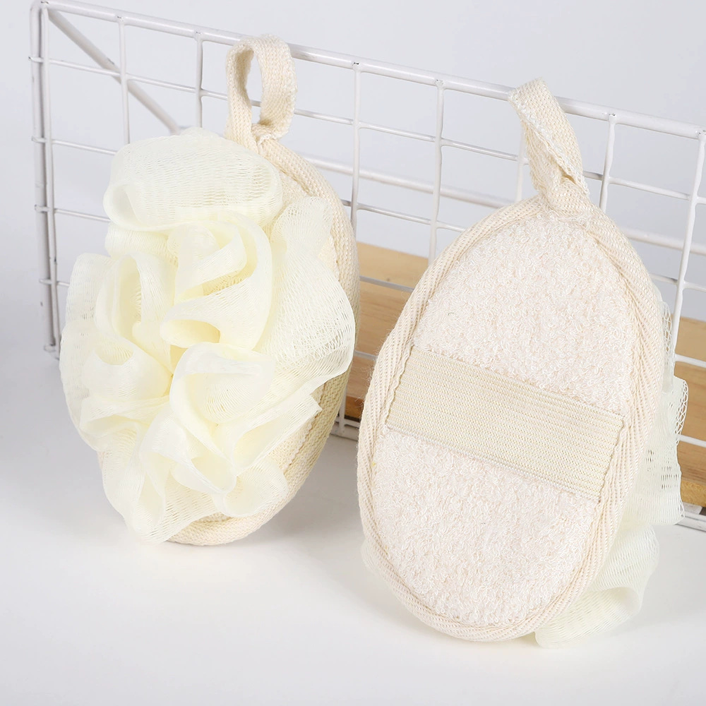 Loofah Bath Sponge (Natural), Cotton‑Linen & Loofah, Multiple Sizes 8×8–12×12 cm