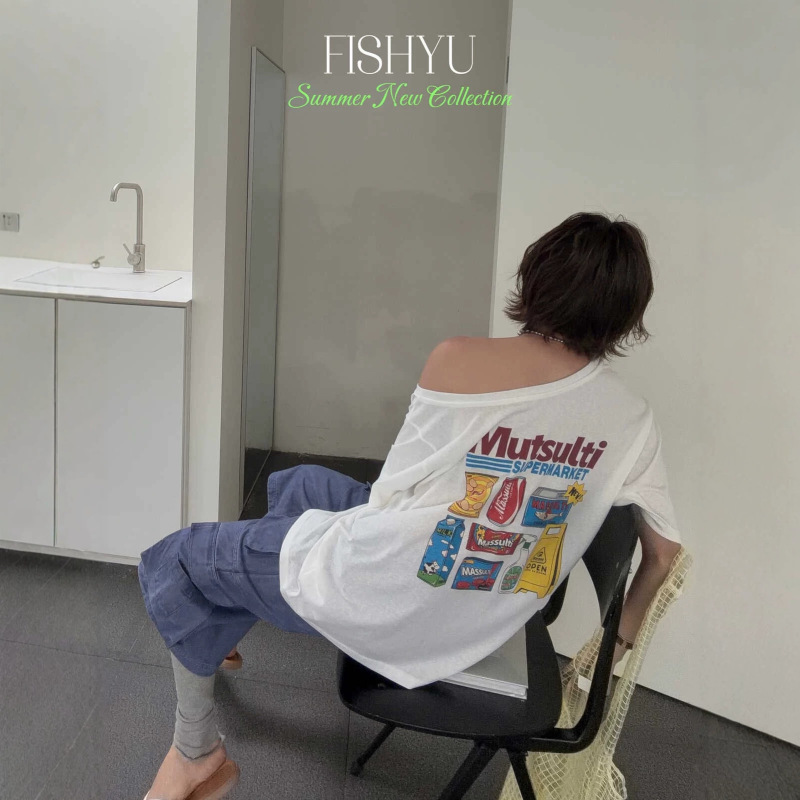 Thirteen Lines Flshyu Summer New American Retro Snack and Cola Print Asymmetrical Shoulder Short Sleeve T-Shirt 26262