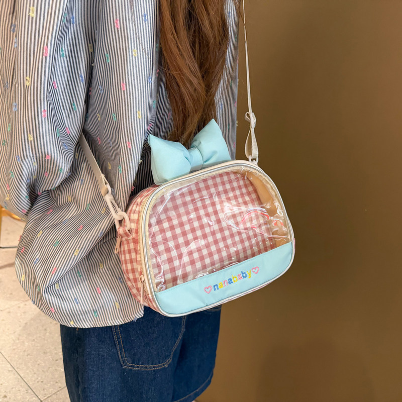 Japanese-Style Ins-Style Plaid Ita Bag for Going Out, Cute Transparent Small Square Bag, Small Capacity Ita Bag for Badges Japanese-Style Ins-Style Plaid Ita Bag for Going Out, Cute Transparent Small Square Bag, Small Capacity Ita Bag for Badges
