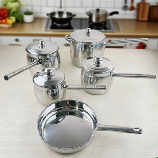 Cross-Border Set of Pots 9Pcs Stainless Steel Shaped Milk Pot Frying Pan Extra High Pot Double Bottom Set Drum-Shaped Pot