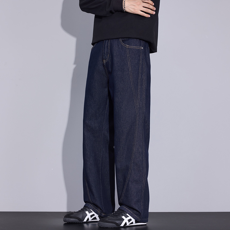 Danbaoni | Old Money Style Patchwork Design Curved Hem Jeans, Original Denim That Doesn'T Fade, Men's Loose Straight-Leg Jeans. Danbaoni | Old Money Style Patchwork Design Curved Hem Jeans, Original Denim That Doesn'T Fade, Men's Loose Straight-Leg Jeans.