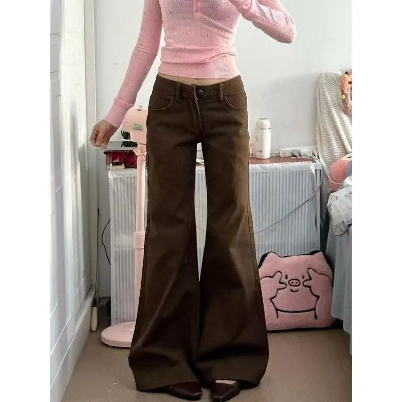 Brown Low-Waist Bootcut Jeans for Women in Autumn and Winter New Style Medra Non-Stick Leg Loose Slimming Look Horseshoe Floor-Length Pants