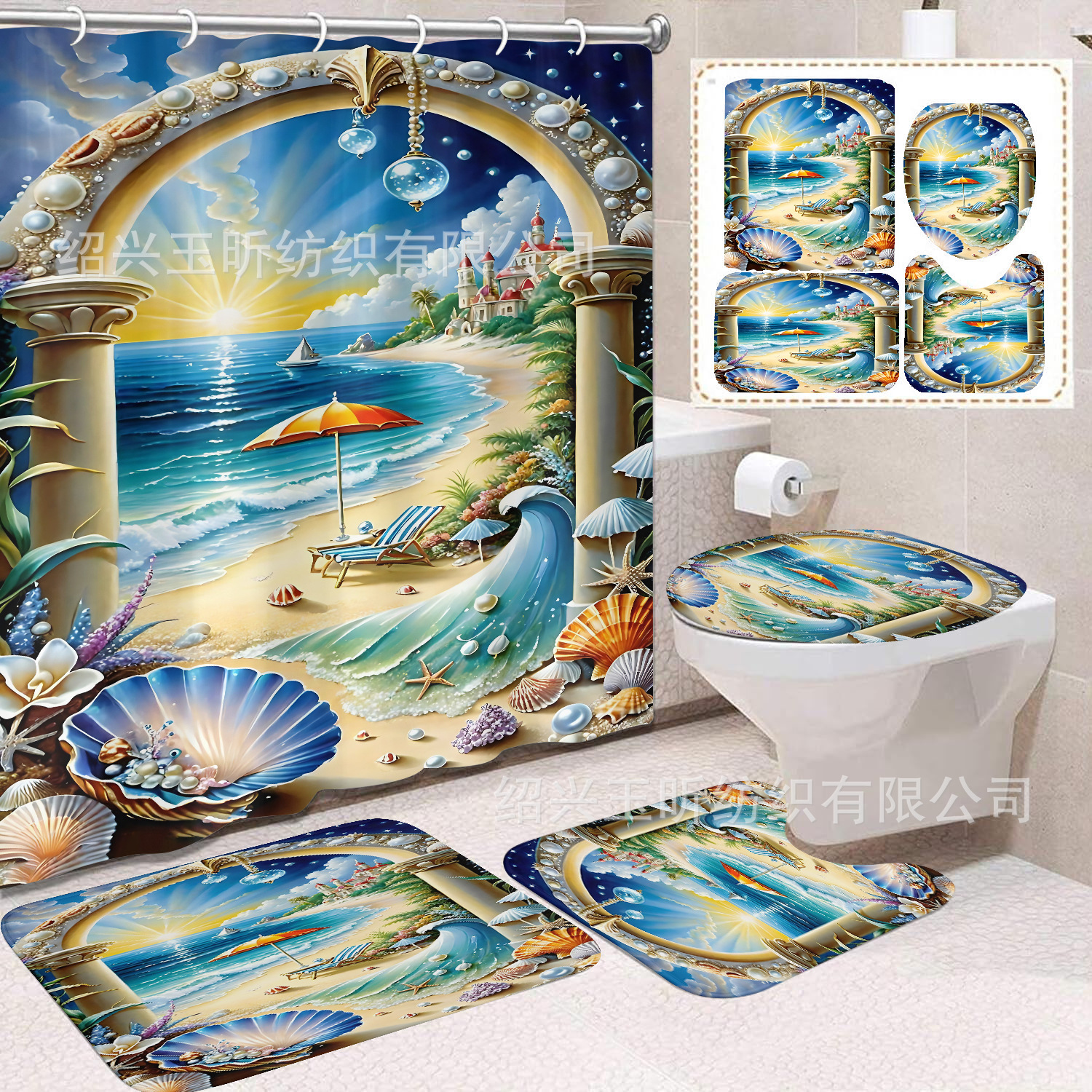 Fábrica directa azul mar de arena impresión digital poliéster tela de baño cortina de baño antimoda cuatro piezas conjunto image 10