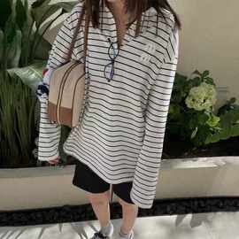 现货25早秋新款宽松贴布黑白条纹简约百搭白色显瘦长袖T恤女上衣