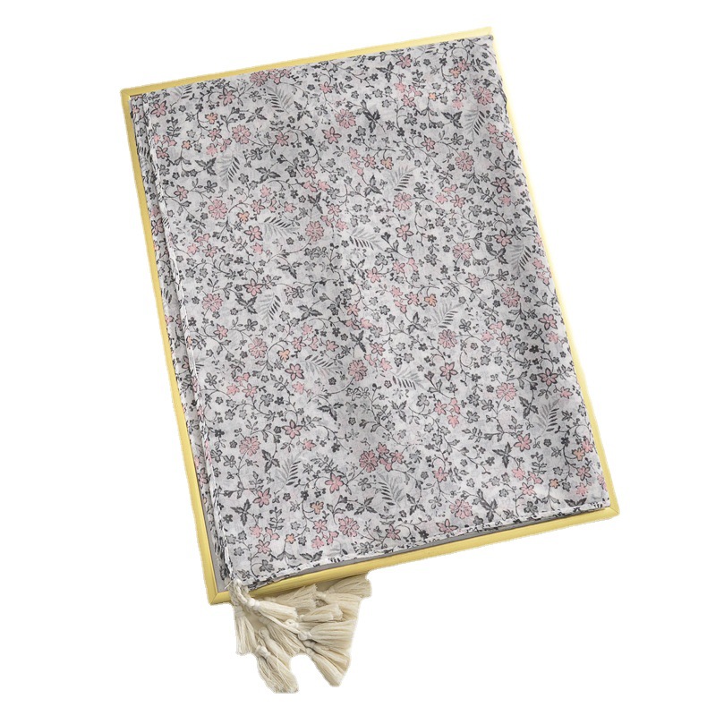 Estilo japonés artístico liso beige floral larga bufanda primavera y verano delgada borla hecha a mano protector solar chal pequeña bufanda fresca