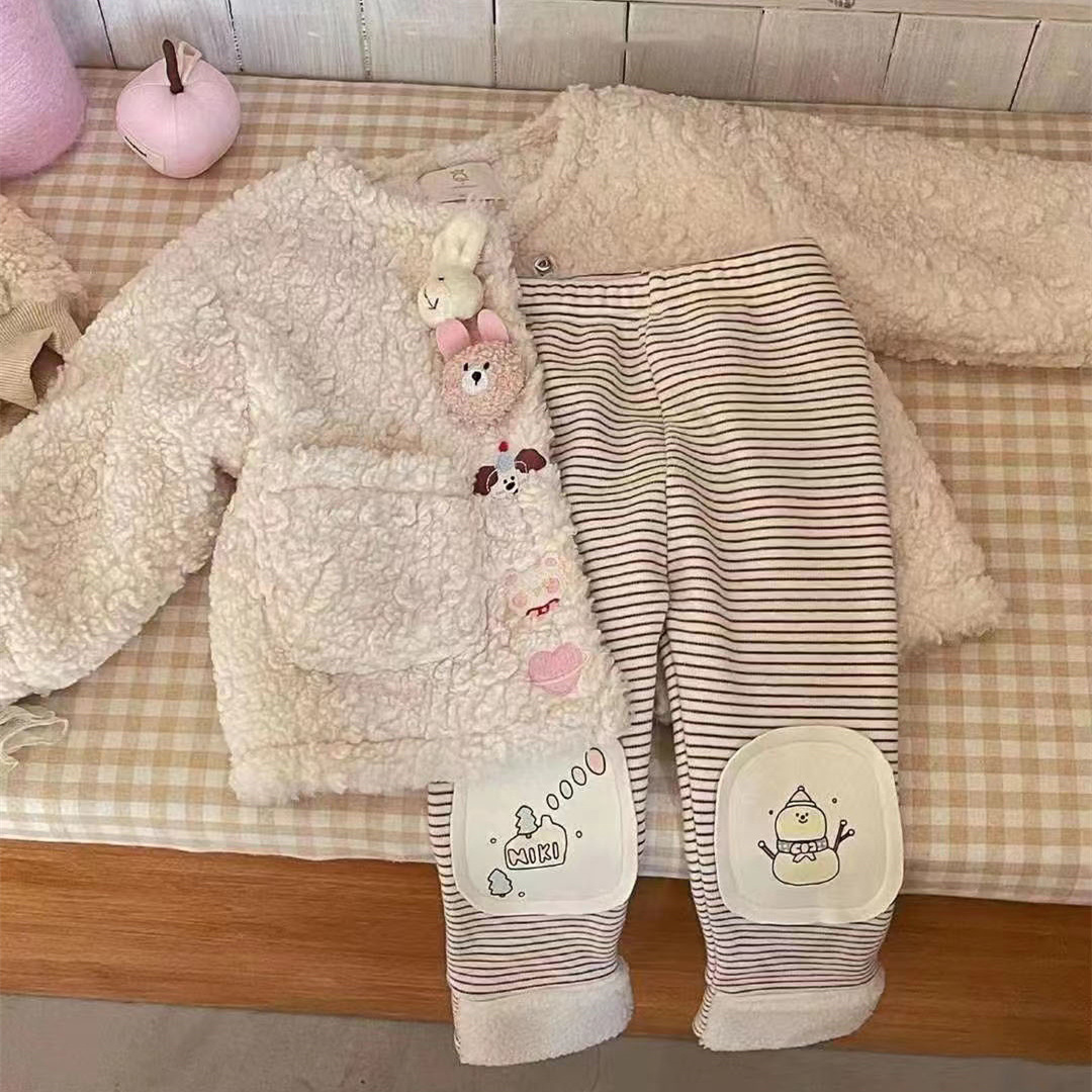 Invierno coreano niñas cordero abrigo de peluche niños niñas lindo cálido peluche princesa set de aire extranjero