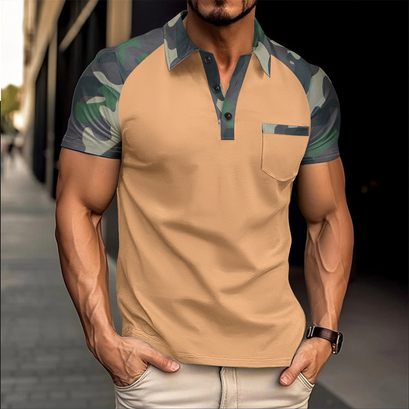 Cross-border American New Hot Sale Summer Outdoor Camouflage Color Block Men's Lar Pocket Button POLO Shirt Short Sleeve