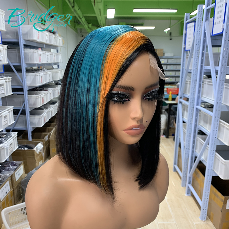Bob Echthaarperücke Mit Highlights Orange Blau Ohne Lace Front_voghion.com