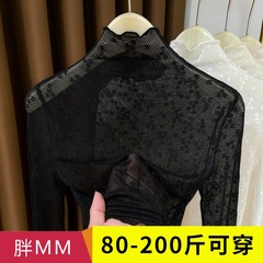 春秋木耳边高领蕾丝打底衫女高级感网纱毛衣叠穿内搭小衫镂空薄纱