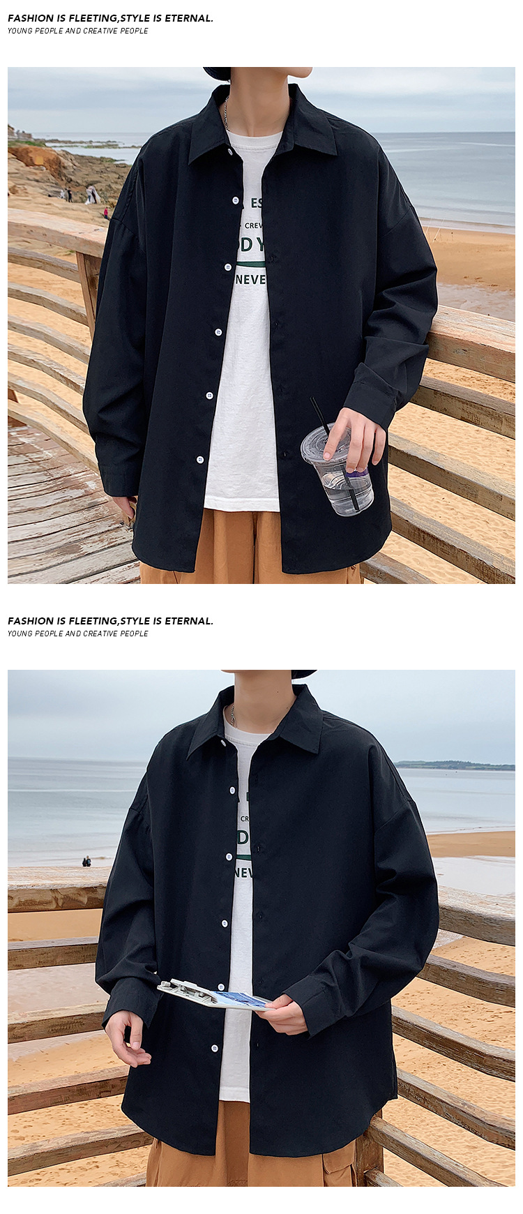 Solid Long Sleeve Shirt Jacket For Men Loose Casual Autumn Style_voghion.com