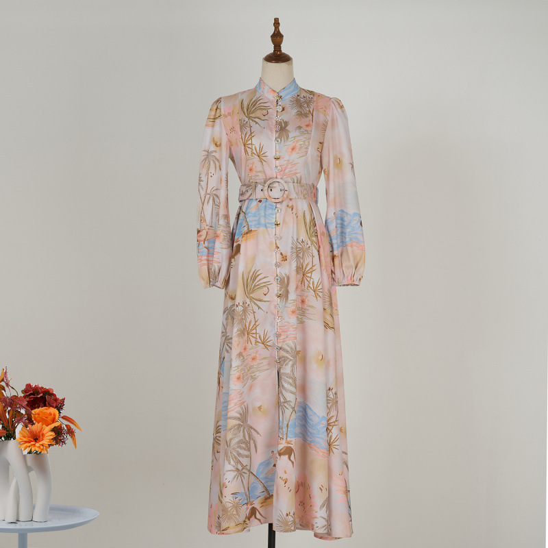Real Shot of New Retro Elegant Printed Single-Breasted Lantern Sleeve Extra Long Dress + Belt Women's Clothing Real Shot of New Retro Elegant Printed Single-Breasted Lantern Sleeve Extra Long Dress + Belt Women's Clothing