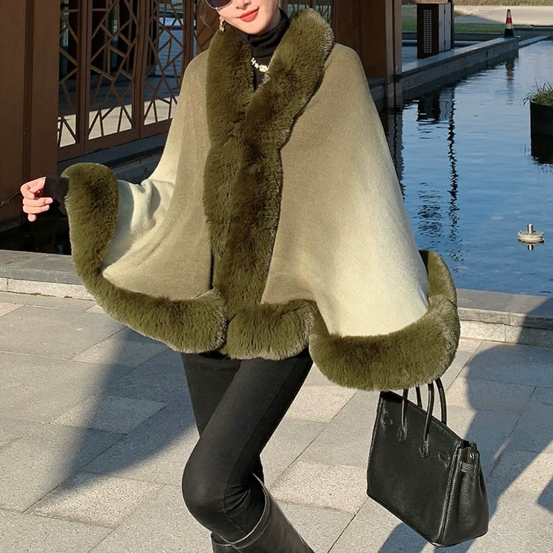 Новый имитационный рекс кролик шерстяной воротник градиент европейский и американский осенний и зимний платок плащ большой размер женский трикотажный кардиган внешней торговли куртка