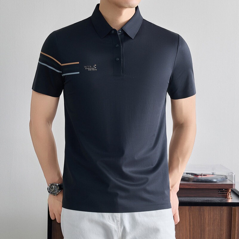 Summer Men's Silk Polo Shirt with a Turn-Down Collar, Fashionable Casual Business Style for Middle-Aged Men