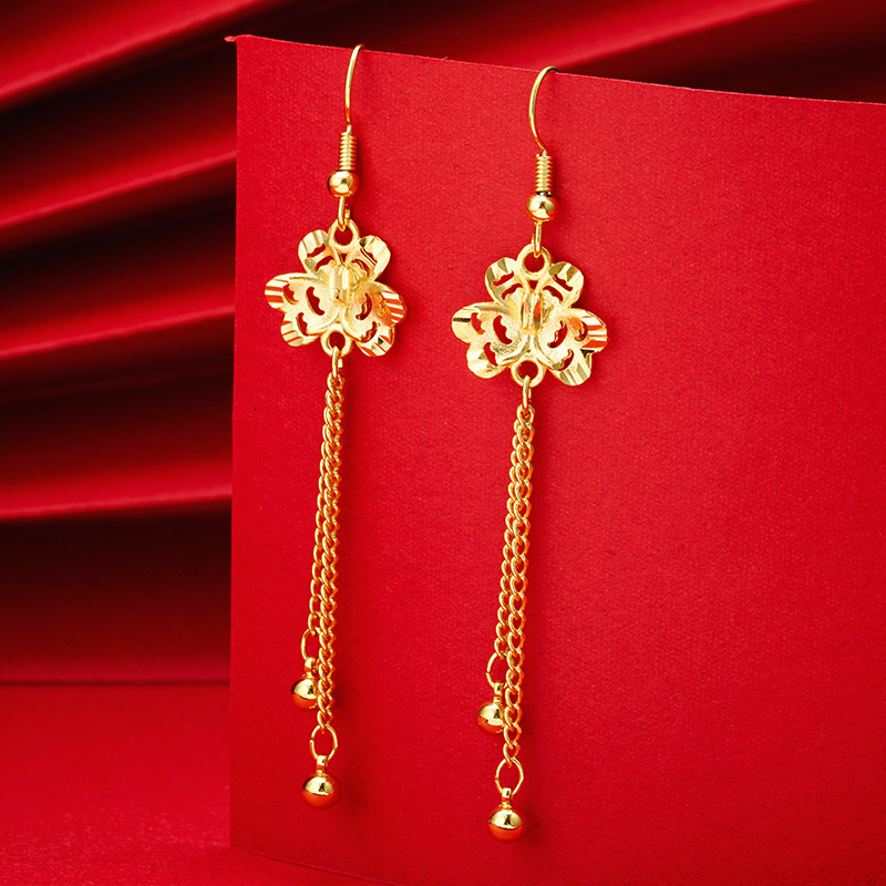 Pendientes grandes de la flor del oro de Vietnam hueco tallado pendientes de la borla de las mujeres chapados en oro estilo antiguo Flor de tres hojas joyería de la boda