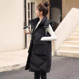 Cotton Vest Women's Mid-length Vertical Collar Hood Character Loose Casual Elegant All-match Thickened Warm Cotton Vest Fashionable Waistcoat