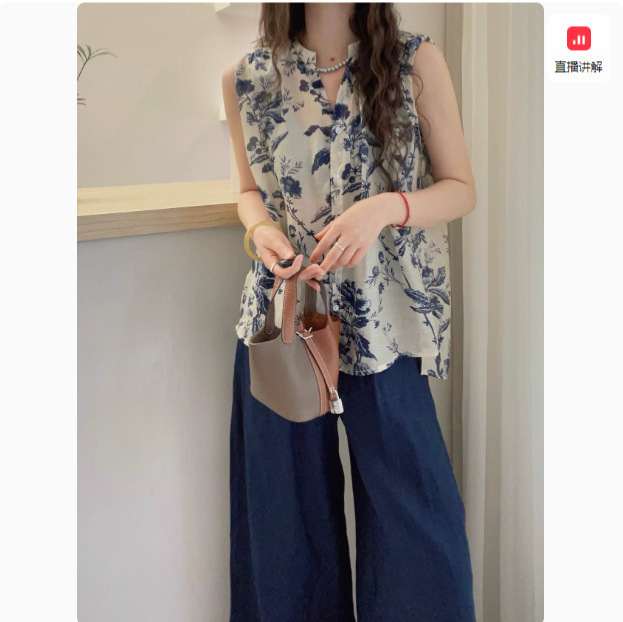 2026 Summer Scissor Collar Padded Shoulder Sleeveless Design Chinese Style Ink Flower Tie Tencel Shirt Vest A4865