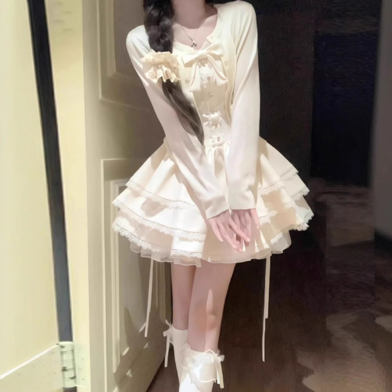 法式甜美超好看开衫外套蓬蓬蛋糕连衣裙两件套小个子春秋穿搭|undefined