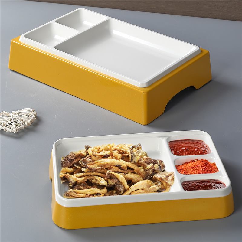 Melamine Hot Pot Restaurant Creative Small Crispy Meat Plate, Imitation Porcelain Brown Sugar Rice Cake Snack Barbecue Divided Dipping Sauce Plate for Commercial Use