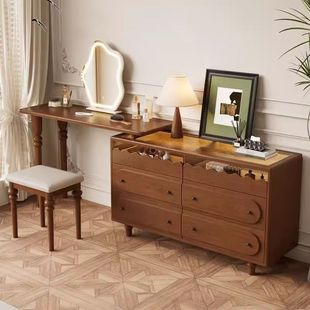 French Retro Style Retractable Solid Wood Dresser Bedroom Small Apartment Cupboard Modern Simple Mid-Century Style Dresser