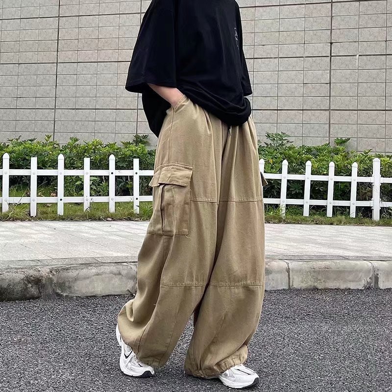 Japanese Style Overalls Men's Summer New Ins Popular Brand Loose Straight Pants Multi-Pocket Cotton Drawstring Casual Pants