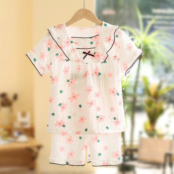 Children's pajamas short-sleeved summer seersucker crepe sweet cute princess style medium and big Children Baby Girls' Home wear suit