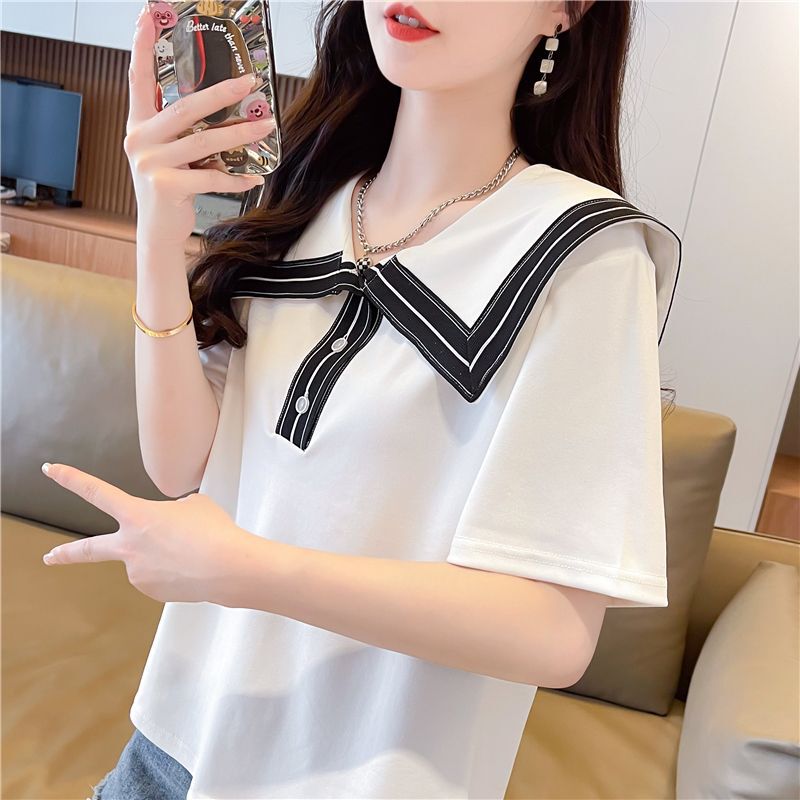 Navy Collar T-shirt Women's Short-sleeved Summer 2025 New Korean-style Loose Design Sense Niche Short Tops