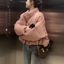 韩版竖条纹羽绒服外套女冬季新款设计感小众立领宽松加厚白鸭绒潮