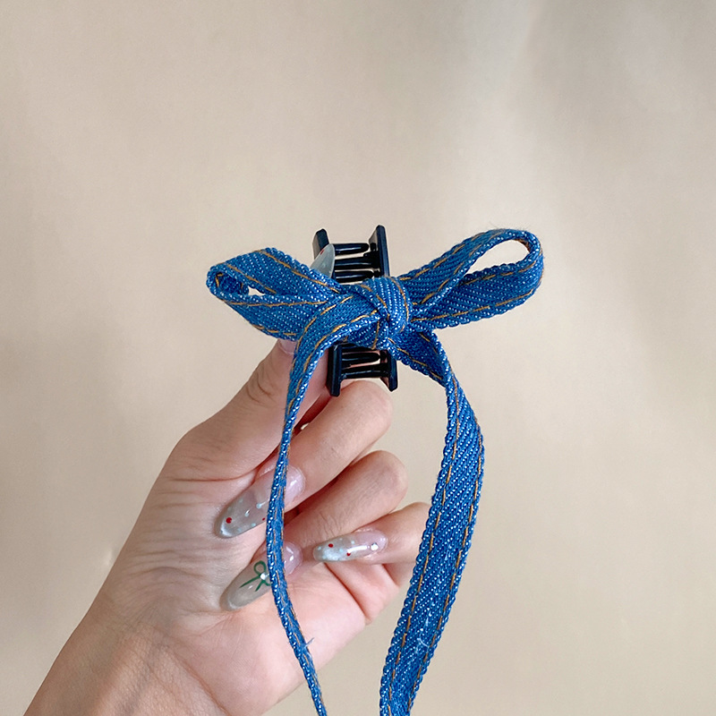 简约牛仔布蝴蝶结发夹女超大号盘发后脑勺抓夹气质百搭个性鲨鱼夹|undefined