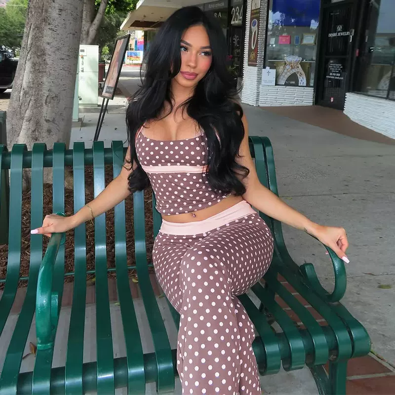 法式女装欧美2025秋冬新品时尚辣妹波点背心上衣低腰撞色长裤套装