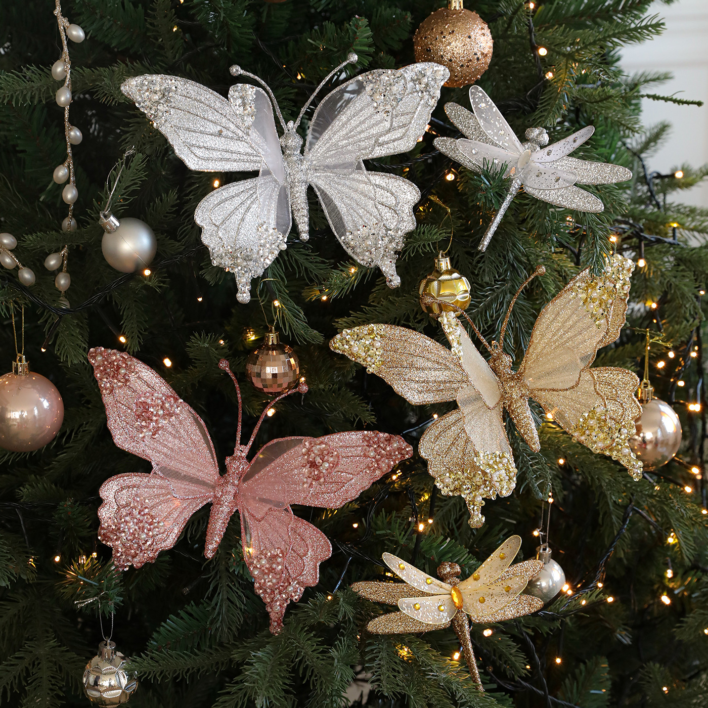 Nuevos productos transfronterizos, malla de simulación de color, brillo, mariposa, libélula, polvo pegajoso, colgante decorativo con clip de Navidad de perlas