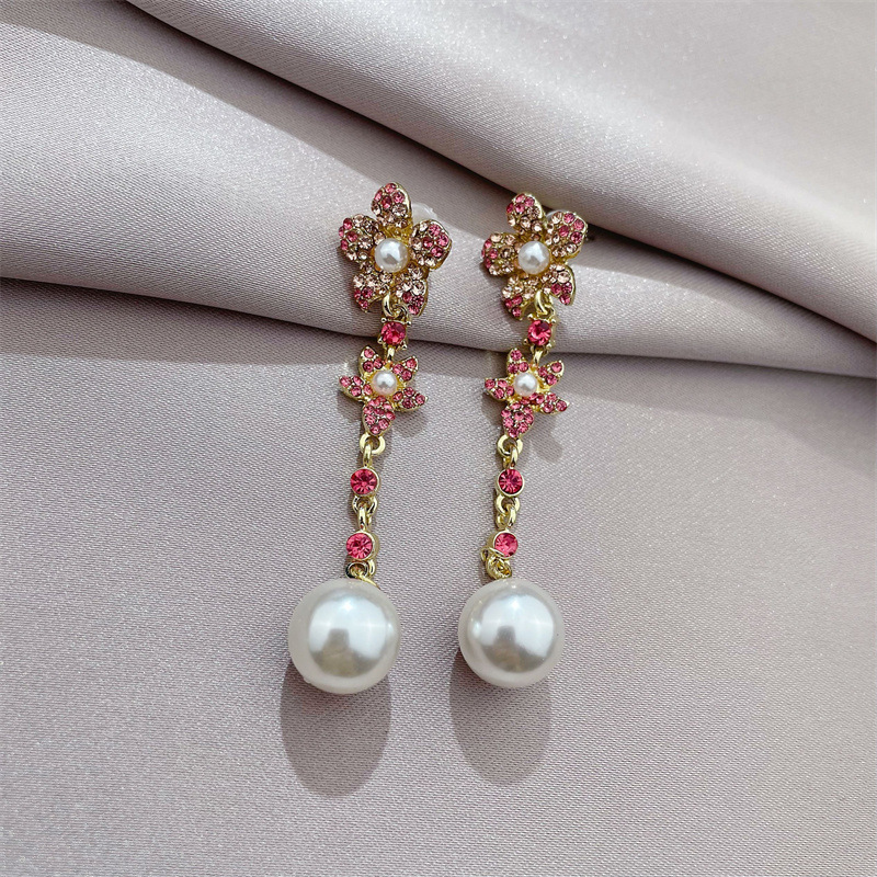 personality Japan and South Korea new flower color diamond microinlaid earrings pearl pendant earrings long earringspicture5
