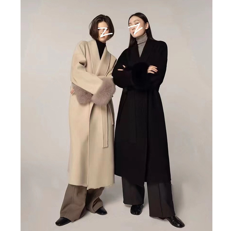 Elegant Long Bathrobe Made of Sheep Wool, Double-Sided Wool Coat for Women, High-End Autumn and Winter Detachable Real Fox Fur Wool Coat