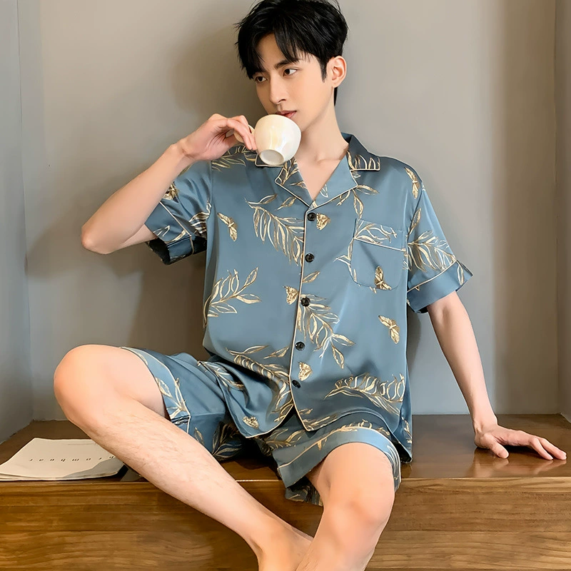 Мужские пижамы, летние шорты из ледяного шелка с короткими рукавами, мужская летняя домашняя одежда, весенне-осенний тонкий шелковый костюм для мальчиков
