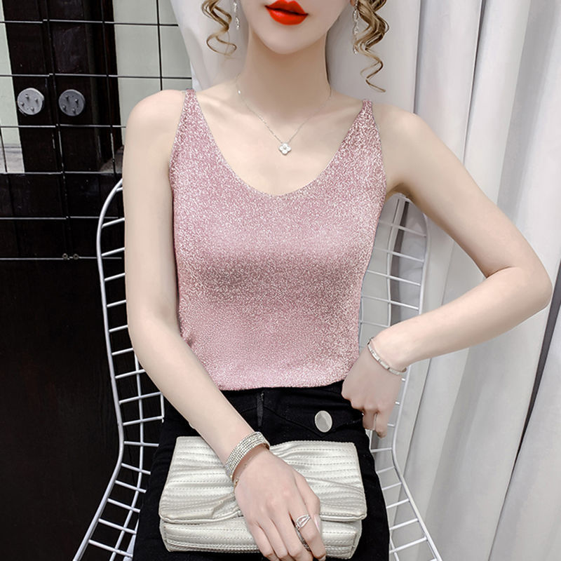 2025 New Ice Silk Knitted Vest for Women, Spring Thin Shiny Camisole Top, Outerwear Base Shirt Trendy