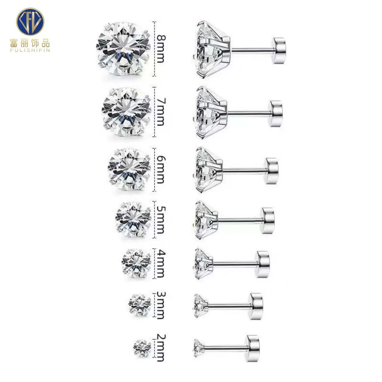 亚马逊跨境钛钢穿刺四爪一体镶3A锆石圆饼螺纹耳钉耳骨钉直销批发