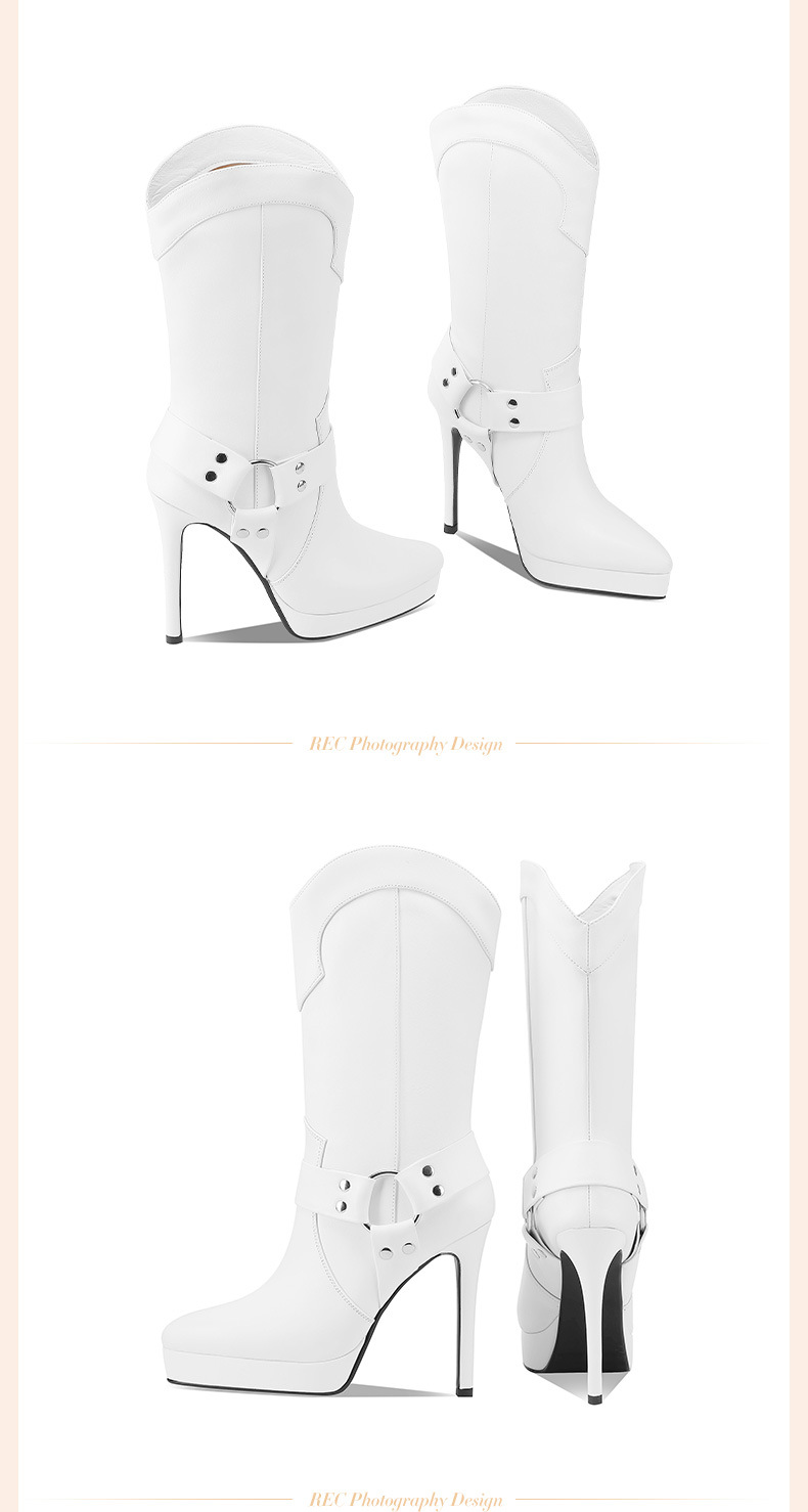Boot nữ cổ cao ôm bắp chân mũi nhọn da thật, gót platform 10 cm, phong cách retro châu Âu — Lớp lót đơn màu trắng 10cm chi tiết 5