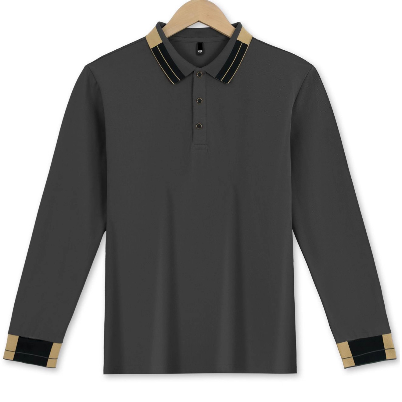 Cross-Border European And American Long Sleeve Turn-Down Collar Men's T-Shirt Waffle Solid Color Button Casual_voghion.com