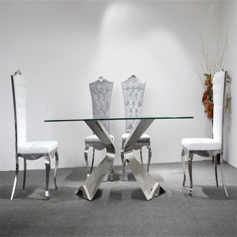 A8095 mesa de comedor minimalista contemporánea italiana de lujo ligera base de acero inoxidable 12 mm mesa de comedor de vidrio templado