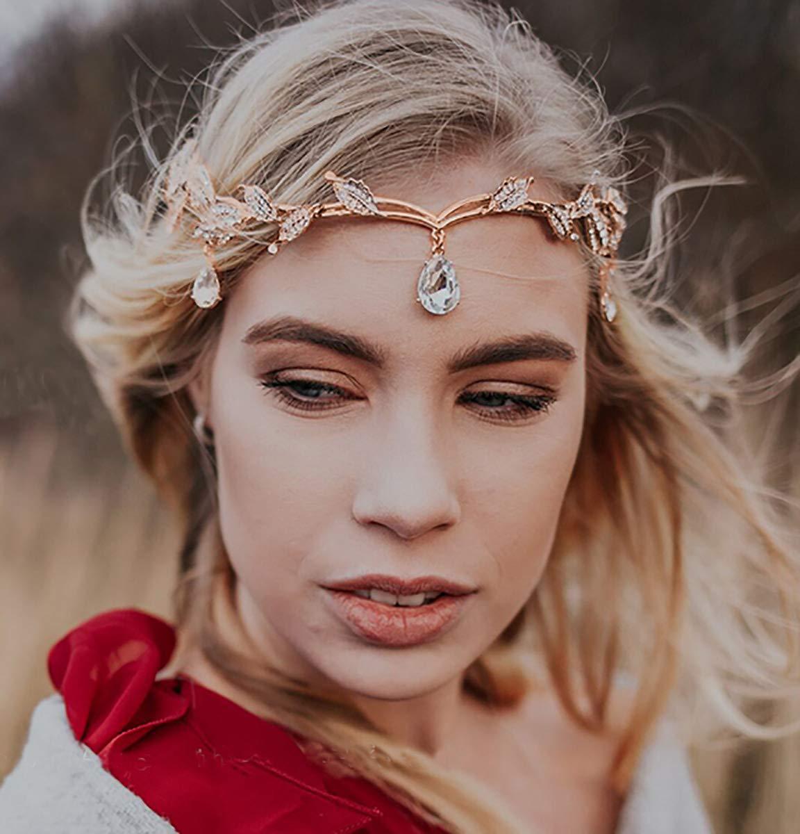 Corona Mori hojas gota de agua llena de diamantes decoración de la frente nupcial Super escape de hadas princesa tocado boda vestido de novia Accesorios