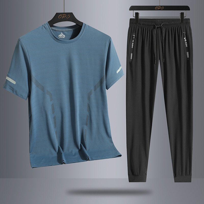 Verano hielo al aire libre hombre deportivo relajado tres piezas transpiración rápida secado cuello redondo camiseta pantalones set hombre
